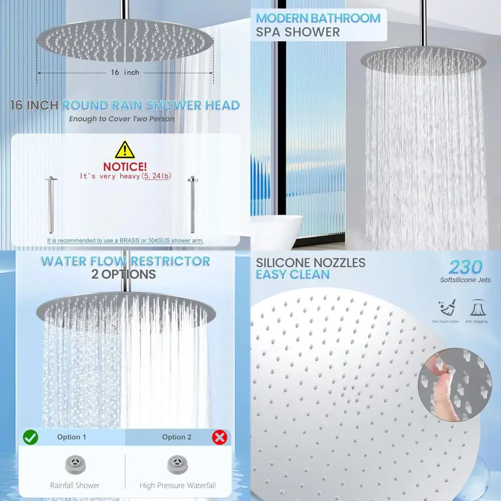 

16 Chrome Metal 304 Stainless Steel Full Body Rainfall Shower Head with 230 Silicone Nozzles