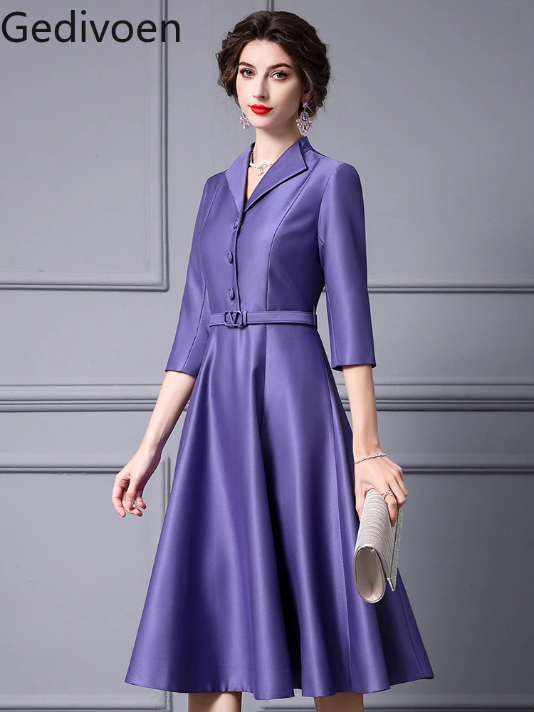 Gedivoen  Fashion Runway Dress Summer Women's Dress Three-quarter Sleeve Solid  Color Belt Large Hem Dress