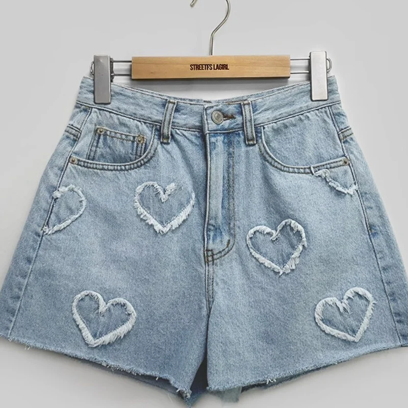 

Chic Summer High Waist Torn Heart Pattern Light Wa Women's Denim orts Sweet Cute Sle Casual Comfortable Fit ort Pants