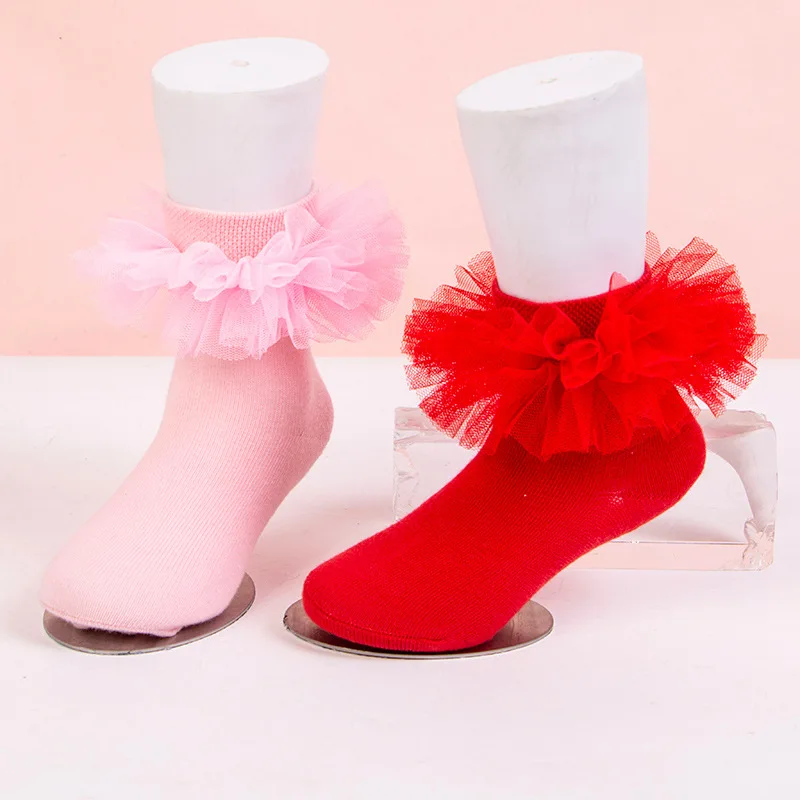 Cotton Frilly Short Socks with Fluffy Lace Edges and Multiple Pleats for Royal Princess Girls 1-12 Years view 4