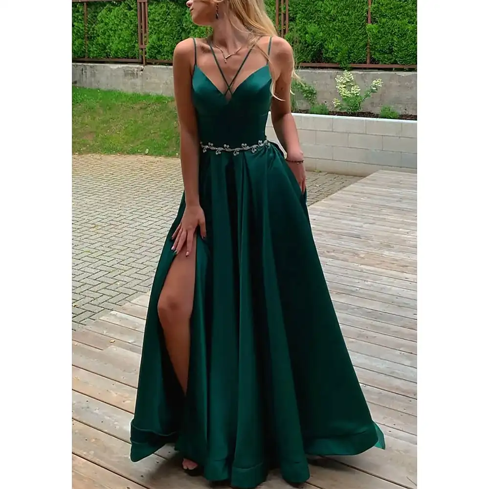 

Sexy V Neck Green Satin Formal Gown Boho Simple Long Evening Dresses vestidos de fiesta elegantes para mujer 2023