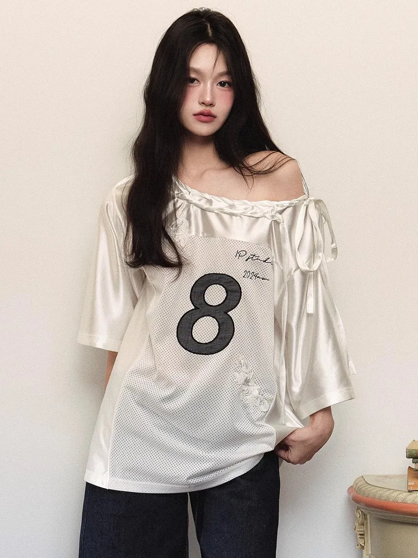 Deeptown Y2k Streetwear Off Shoulder T Shirts Women Coquette Aesthetic Short Sleeve Tees Female Casual Kpop Grunge Oversized Top