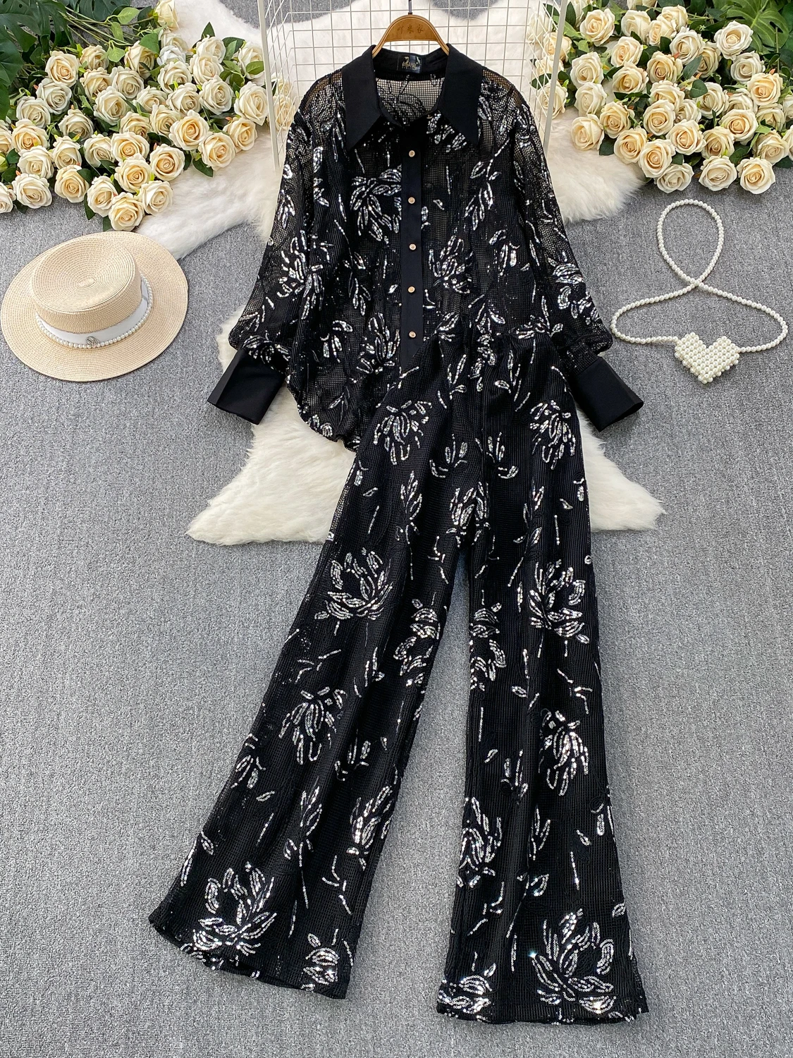 

Mid-Length Shirt And High-Waisted Wide-Leg Pants Two-Piece Set with Sequin Mesh Patchwork And Collar for Women