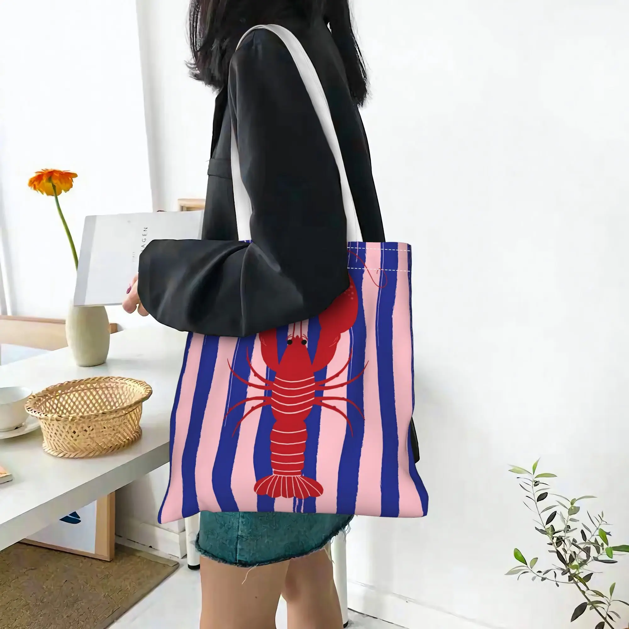 1pc Lobster Printed Tote Bag, Reusable Shopping Bag,Suitable for Daily Use, School, Travel,A Perfect Gift for Marine Life Lovers