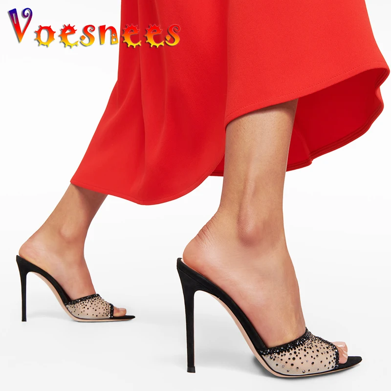 

2023 New Fashion Rhinestone Women Shoes Summer Elegant Slipper 8.5CM Pointed Toe High Heels Stiletto Mesh Yarn Versatile Sandals