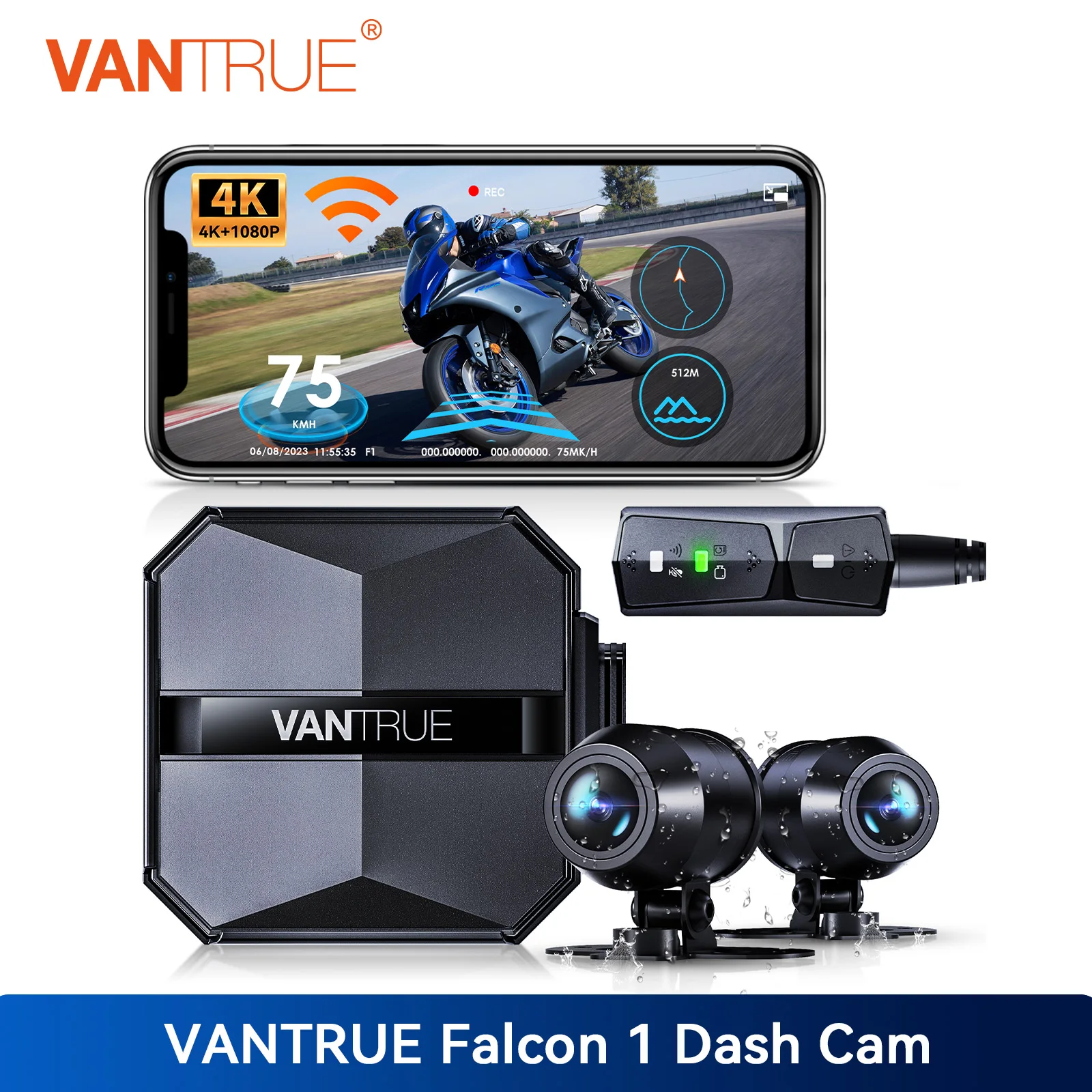 Vantrue F1 Moto 4K Dash Cam anteriore e posteriore GPS Full Body Impermeabile Wi-Fi 160 ° Controller