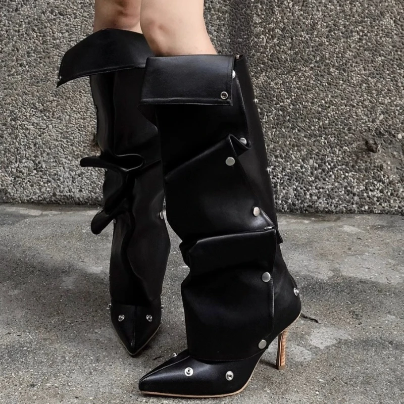 

Women's Fashion Pleated Designer Pu Waterproof High Boots Women 2025Autumn New Sexy Pointed Slip-on Knight Boots Women Plus Size