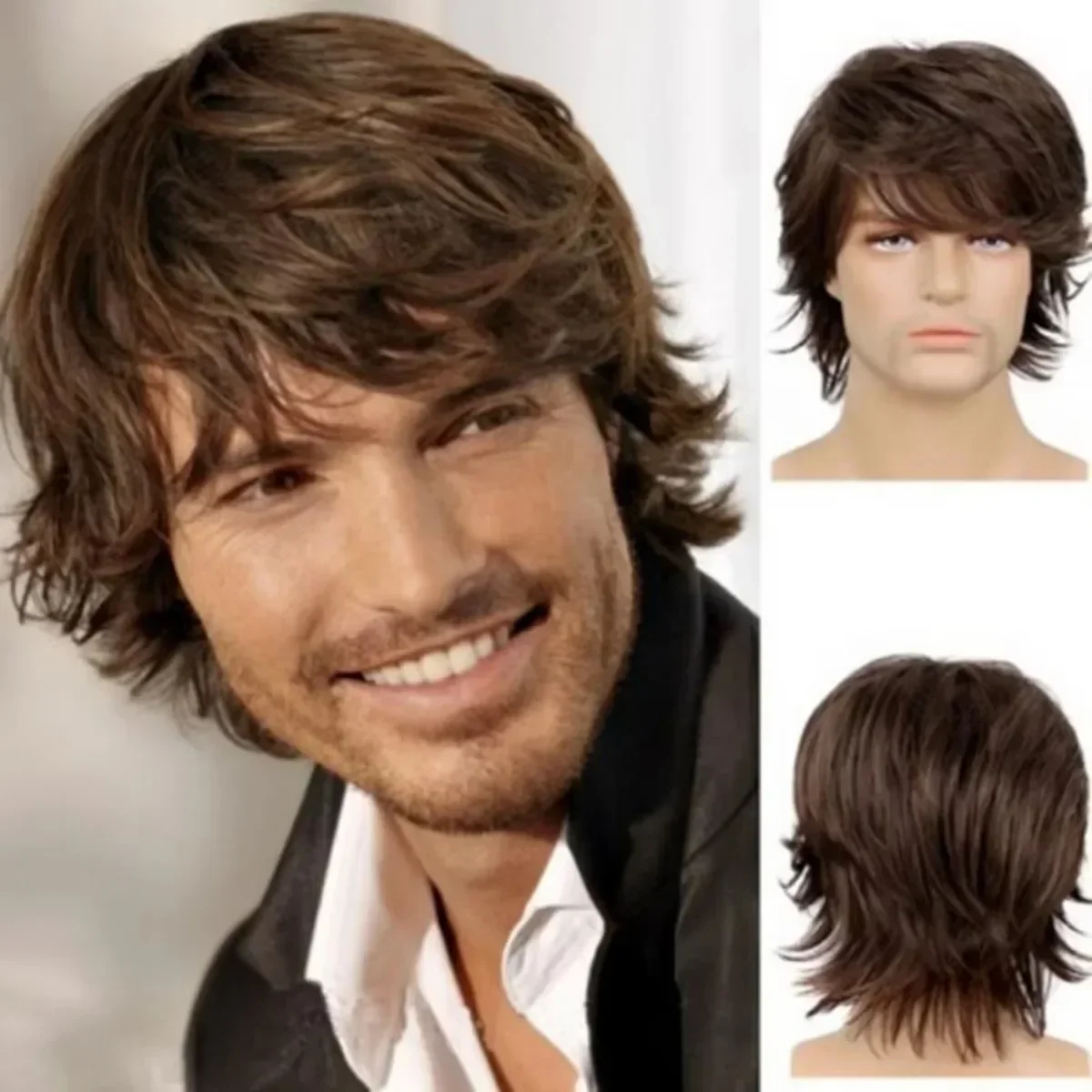 

Men Short Curly Wig with Bangs Fluffy Natural Looking Heat Resistant Fiber Synthetic Hair Male Black Daily Party Wear