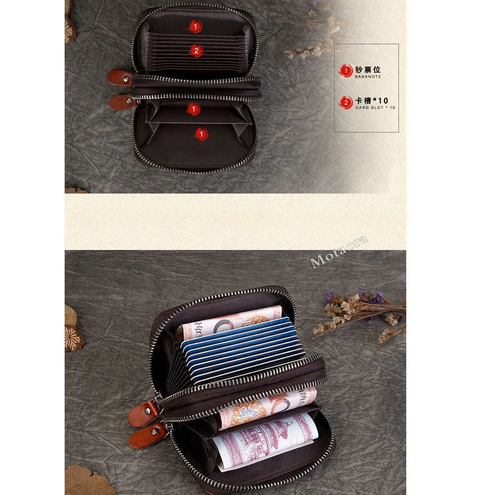 2025 Vintage Mini Cowhide Leather Wallet Women's Organizer Card Holder with 10 Slots & ID Window Compact RFID Purse Coin Pocket