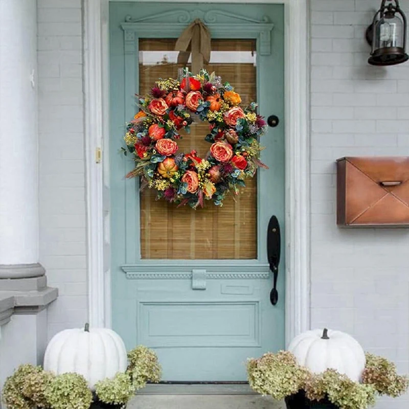 19.7-Inch Autumn Wreath Fall Wreaths For Front Door Outside,With Pumpkin Berries Suitable For Halloween Thanksgiving Easy To Use