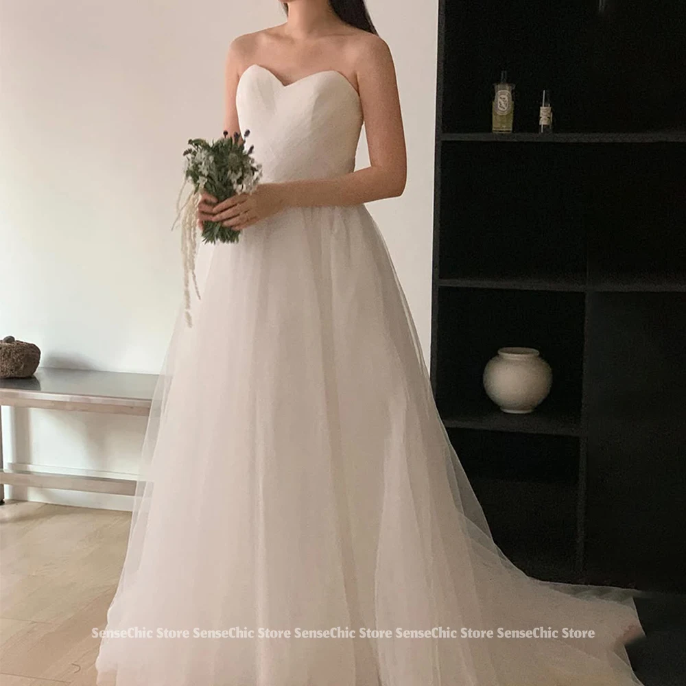 Vestidos de novia elegantes con forma de corazón, tul con hombros descubiertos, volantes, manga abombada de Corea, vestido de novia sencillo personalizado