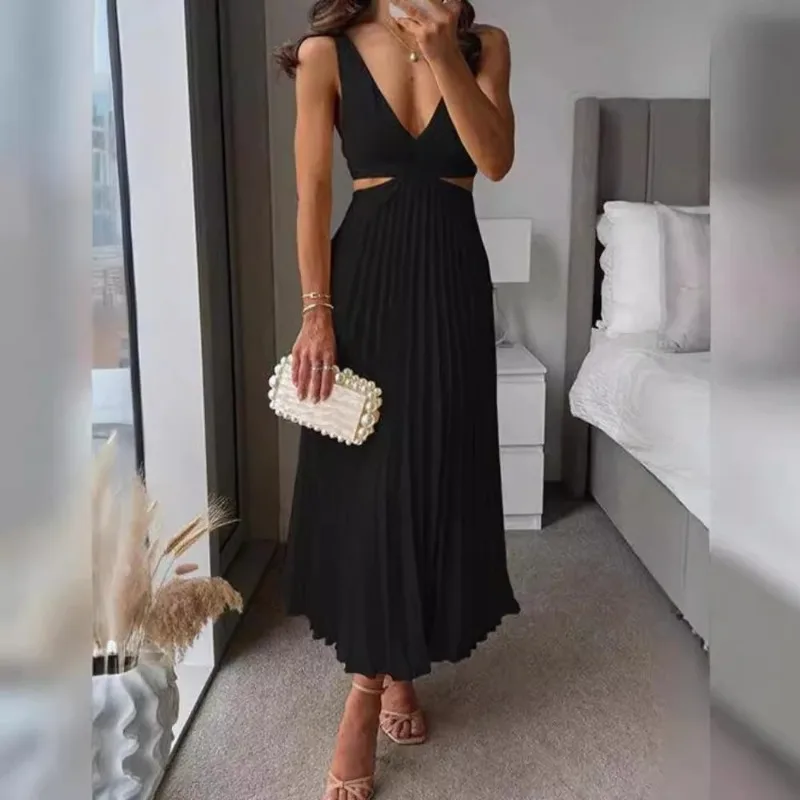 فستان نسائي مستوحى من التصميم مع مزاج أنيق، رقبة على شكل حرف V بدون أكمام مجوفة بدون ظهر مطوي صيفي نمط جديد