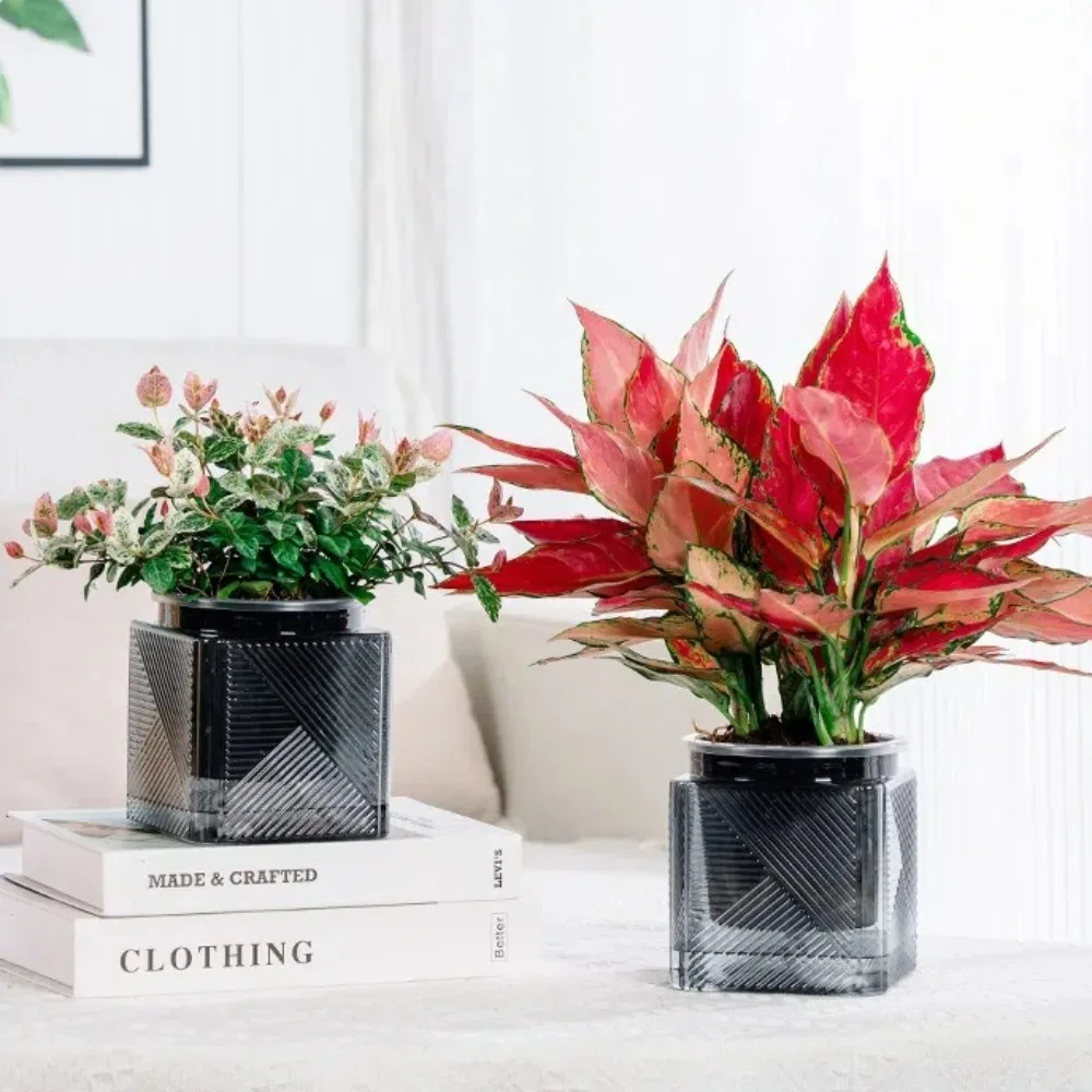 Modern Double Layer Flower Pot Plastic Home Decoration Self Watering Flowerpot Cotton Rope Square Plant Pot Home
