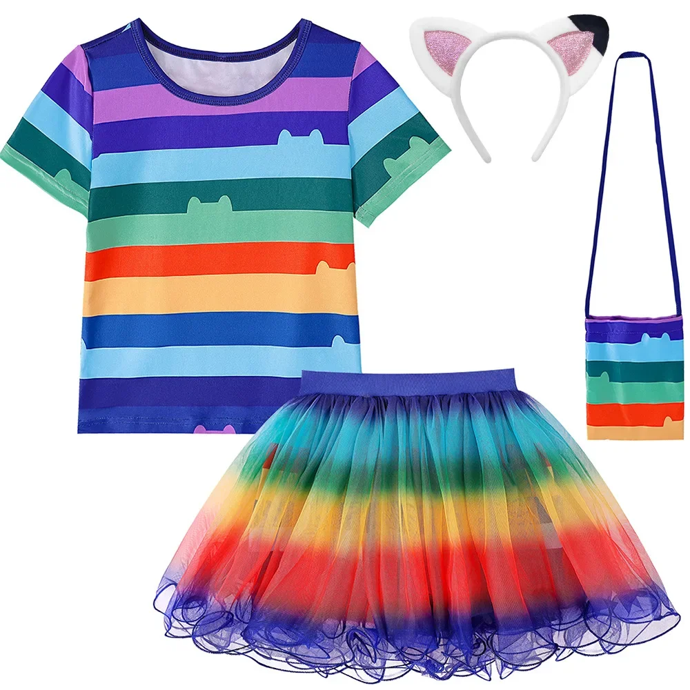 Gabby Dollhouse Cartoon Children Black And White Stripe T-Shirt+Skirt+Bag Sets Kids Carnival Gabby Cats Costume Party Outfits 8Y