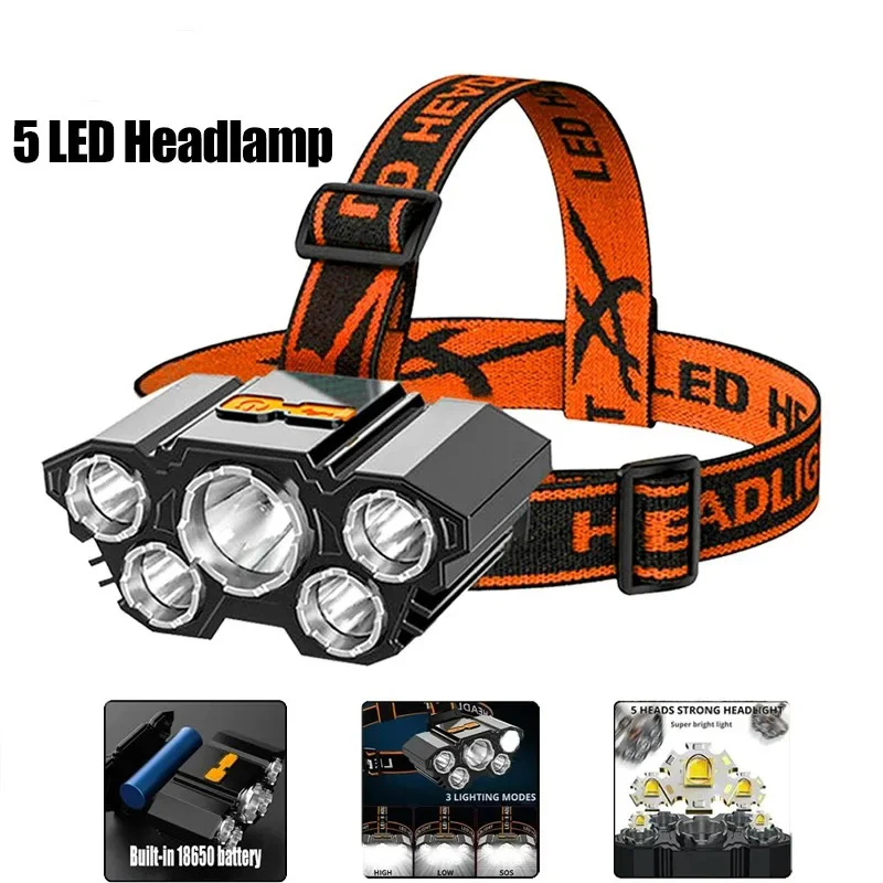 Potente faro LED de 4 modos, lámpara de cabeza, linterna recargable integrada, luz de cabeza para Camping y pesca, 1 unidad