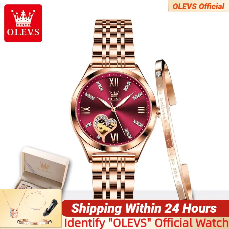 

OLEVS 6636, автоматические механические женские часы из нержавеющей стали, оригинальный кожаный ремешок, водонепроницаемые светящиеся часы для женщин