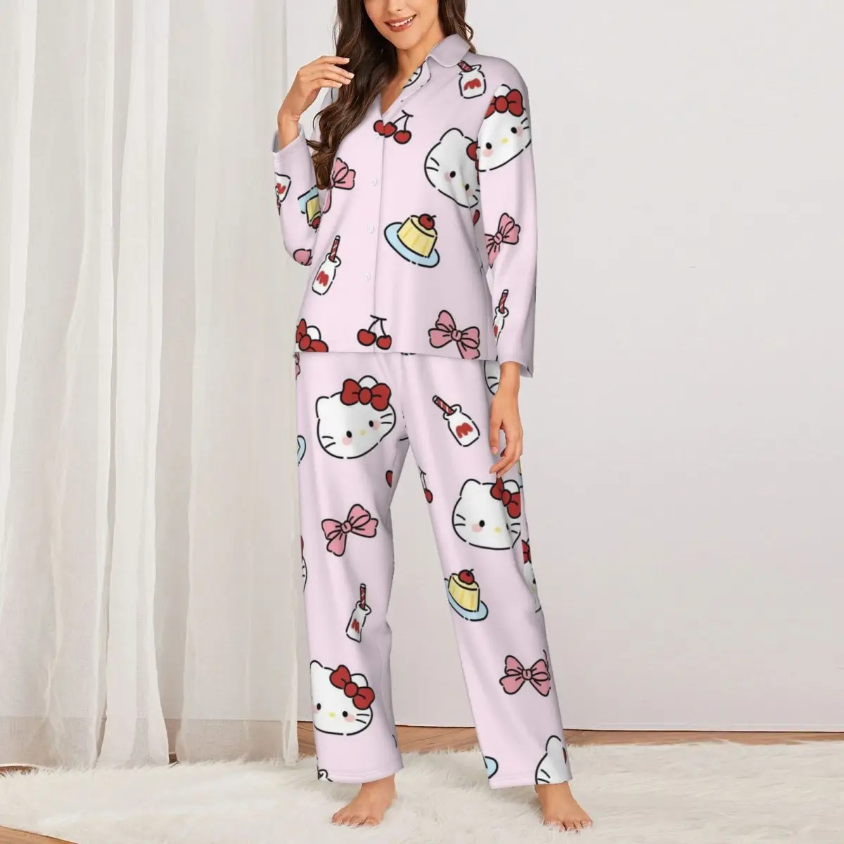 Conjunto de pijamas femininos fofos Hello Kitty conjunto de 2 peças para mulheres terno casual de manga comprida