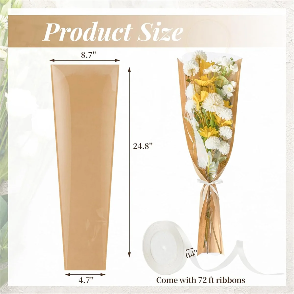 

50 упаковок цветочных рукавов для букетов, оберточная бумага для цветов, крафт-бумага с цветочным принтом и лентами для свадьбы флориста