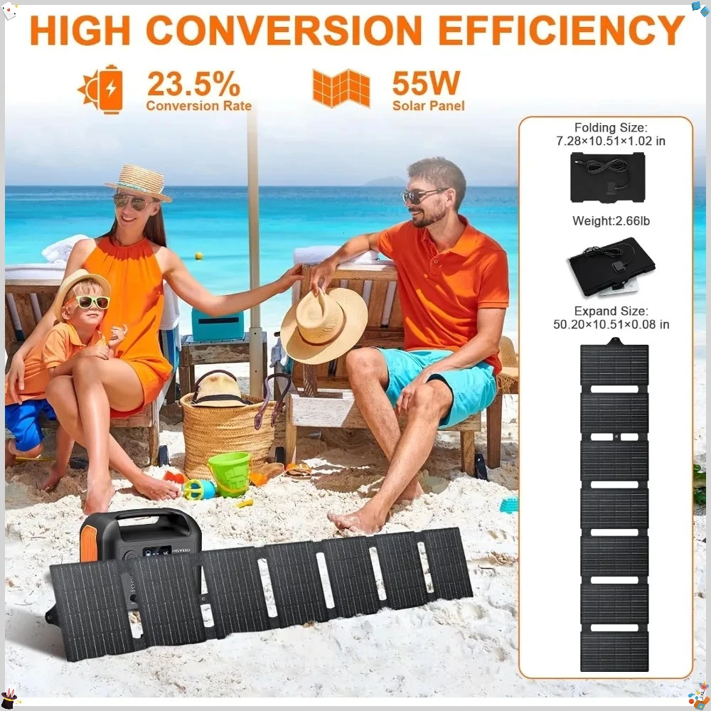 55Wソーラーパネル付きポータブル電源、299Wh LiFePO4バックアップバッテリー、300W純正弦波AC（600Wピーク）