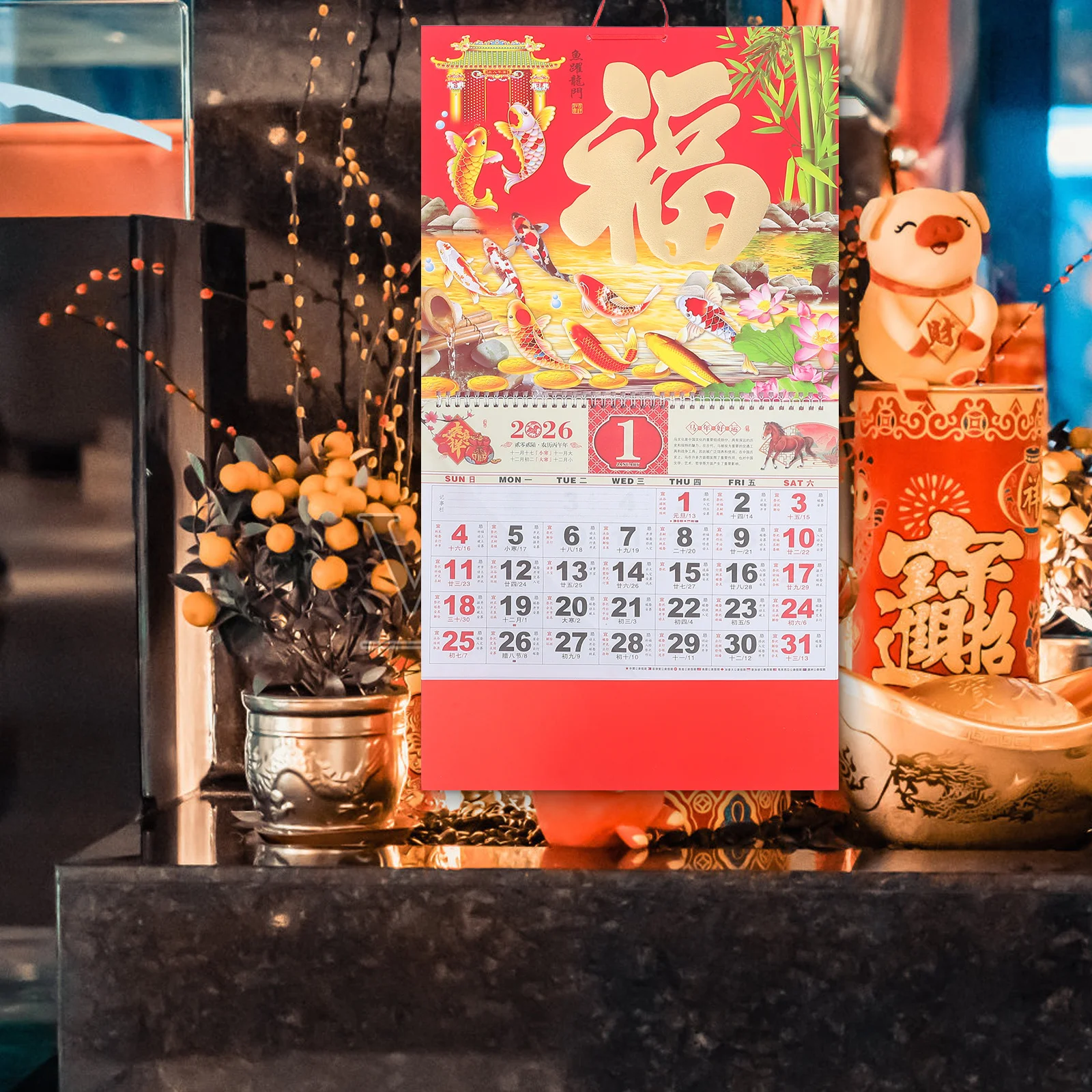 Jaar van het paard 2026 Chinese maankalender goudfolie Fu karakter traditioneel muurhangend decor 26,72 x 14,34 inch thuiskantoor dagelijks
