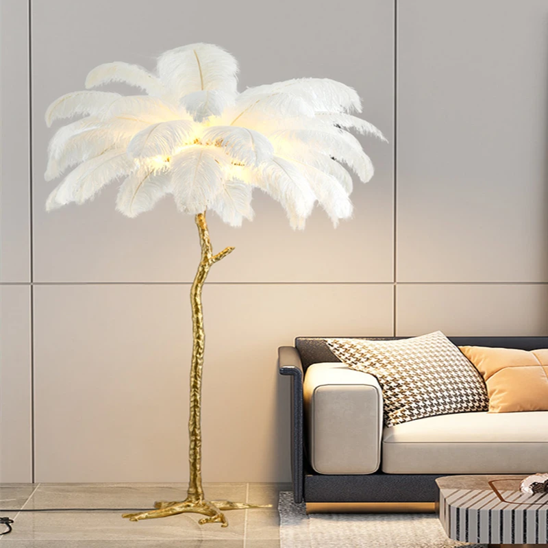 Luxury Ostrich Feather Led Floor Lamp Modern Living Room Bedroom Home Decor Standing Lights Nordic Gold Resin Floor Lamps H170cm