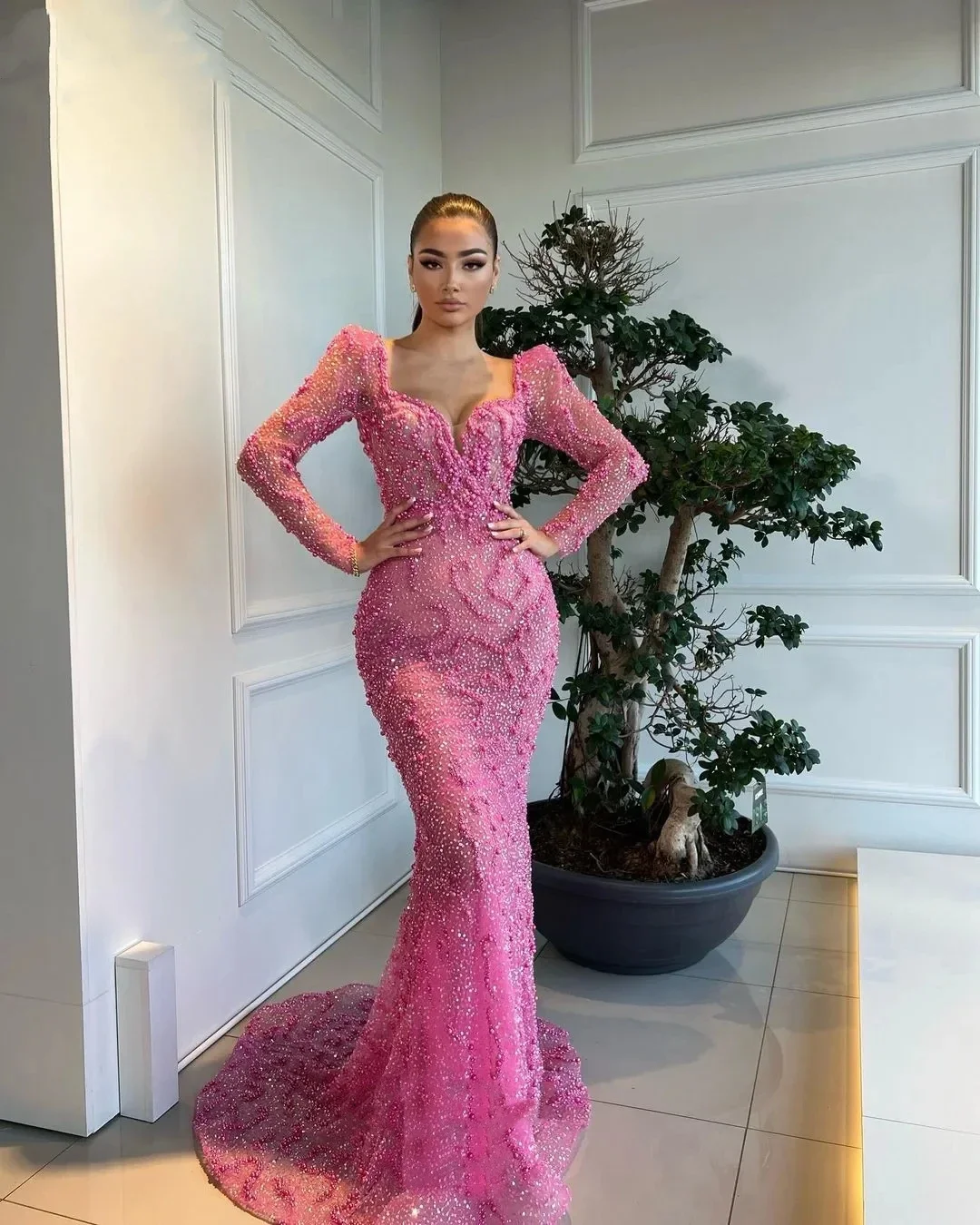 Charming Pearls Sequins Prom Dresses Long Sleeves Illusion Mermaid Evening Gowns Customized Robe De Soirée