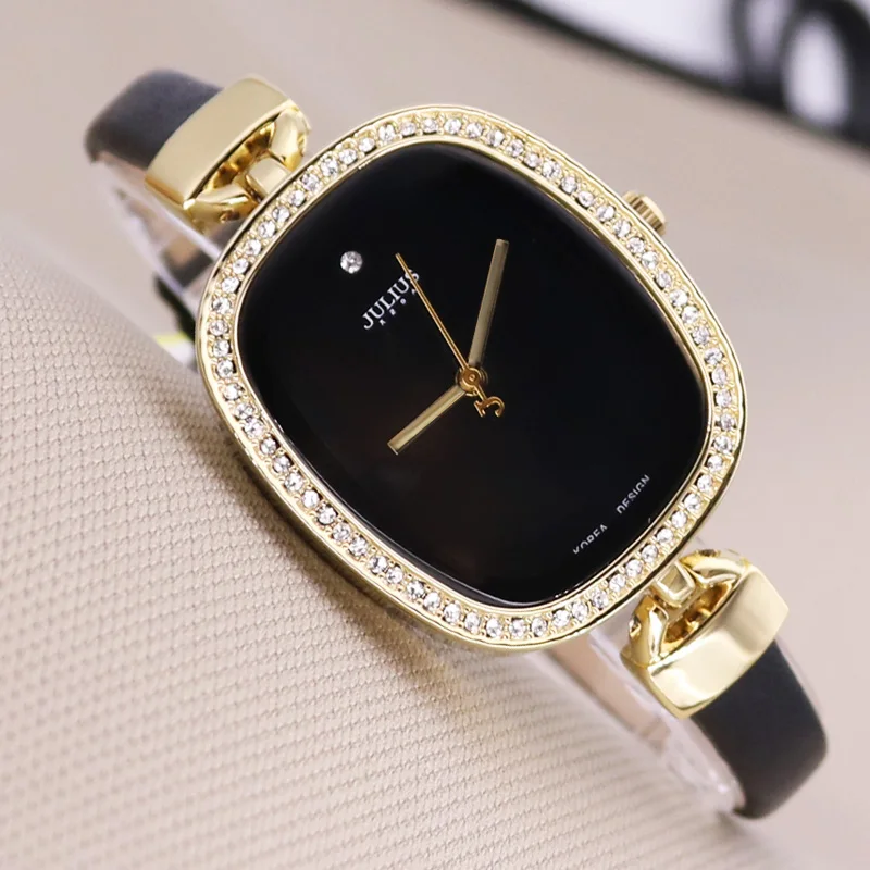 Top Lady Women\'s Watch Japan Quartz Hours Fine Fashion Dress Real Leather Rhinestone Girl Elegant Birthday Gift Julius No Box