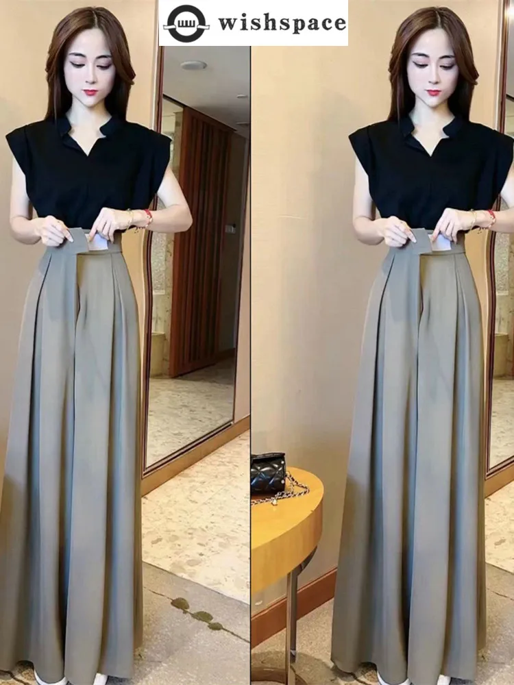 

Spring/Summer New Celebrity Style Style Stand Up Neck Flying Sleeves Top Wide Leg Pants Long Pants Two Piece Set