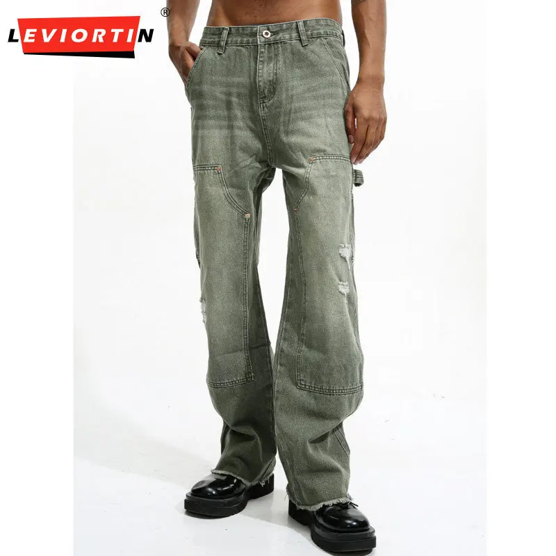 سراويل كاجوال متعددة الاستخدامات شبابية وعصرية للرجال مع فتحات وطيات، جينز فضفاض بأرجل مستقيمة #1