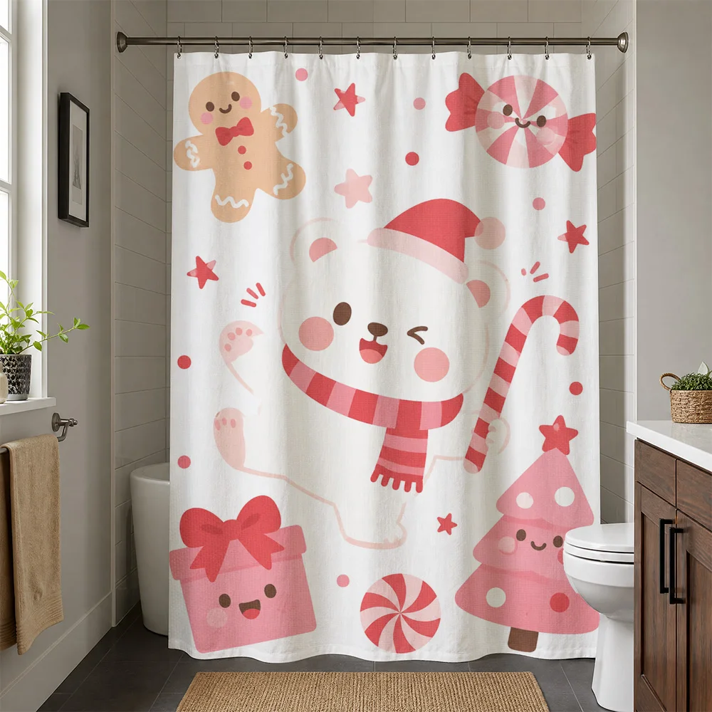 Cute Gingerbread Man Bear Christmas Shower Curtain Bathroom Decor Holiday Candy Sweet Fun Shower Curtain