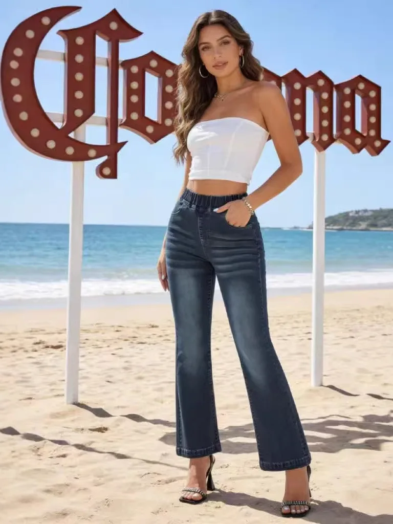 

Women's Stretch Micro Flared Jeans Elastic Waist Slim Fit Denim Pants Deep Color Iron Free Procing Spring 2026 Ladies Faion