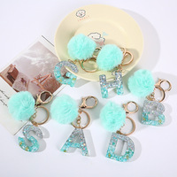 New 26 Initials Letter Key Pendant With Green Fluffy Pompom Fashion Glitter Gradient Resin Alphabet Keychain Charms Party Gift
