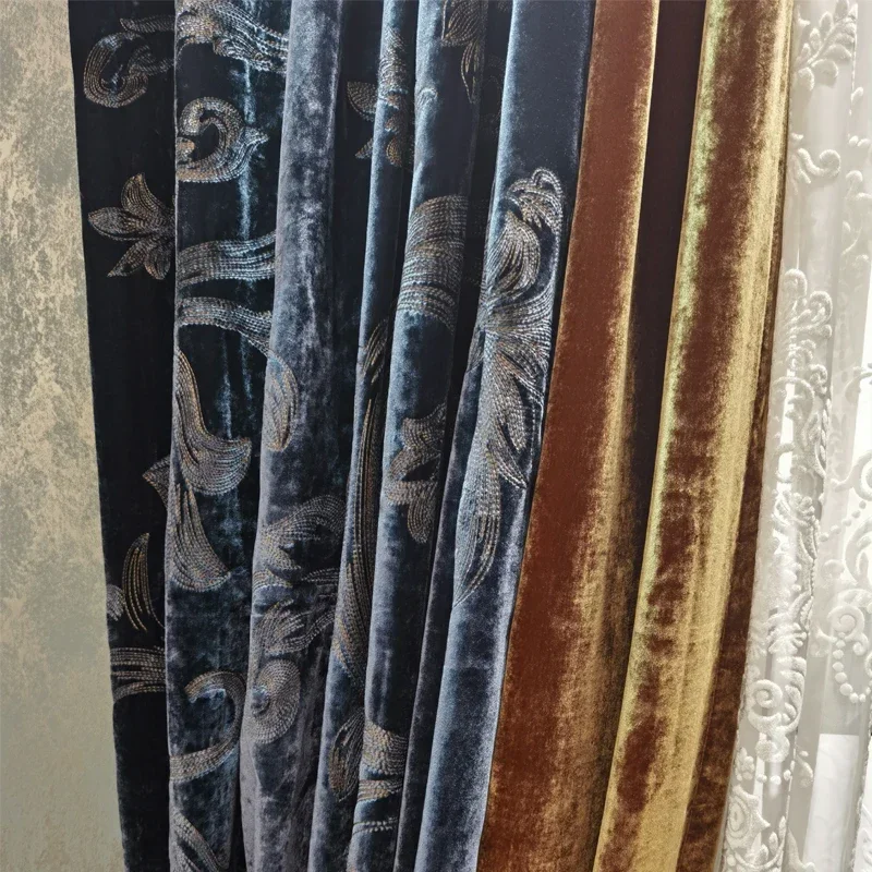 High Grade Velvet Purple And Gold Embroidery Stitching Thickened Blackout Curtains For Living Room Bedroom French Window Villa