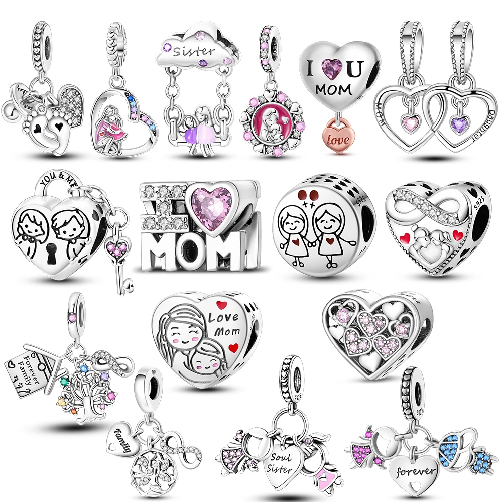 925 Silver Charms Love Mother Family Sister Heart Beads Fit Original Pandora Bracelet Necklace DIY Woman Jewelry Gift For Friend