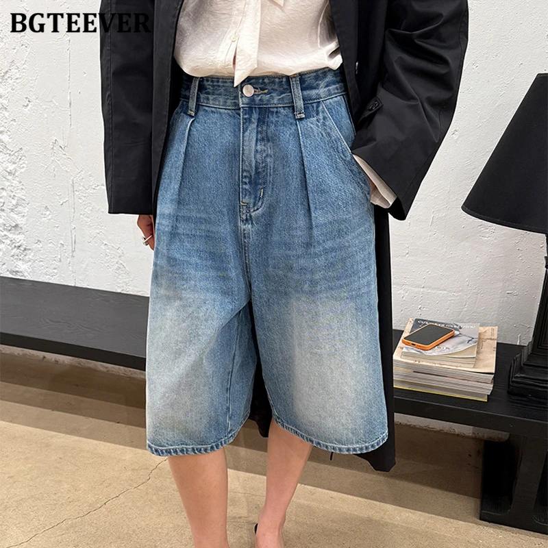 BGTEEVER Pantalones cortos vaqueros sueltos informales para mujer, pantalones cortos vaqueros femeninos de cintura alta de un solo botón de verano