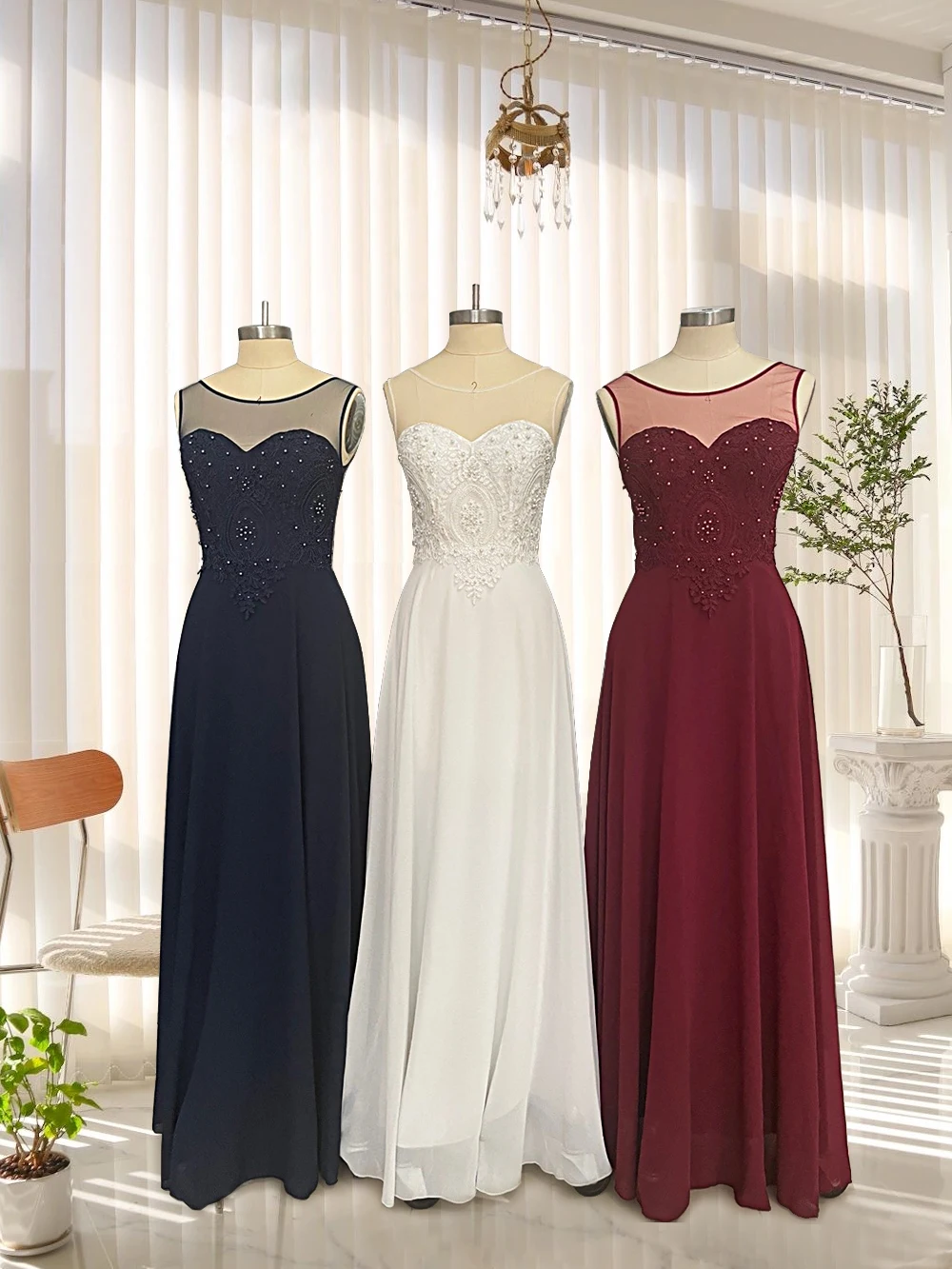 Długie sukienki damskie bez rękawów, seksowne, z iluzorycznym dekoltem typu O, odkryte plecy, aplikacje koronkowe, sukienki wieczorowe, szyfonowe sukienki na imprezę, studniówkę, w kształcie litery A.