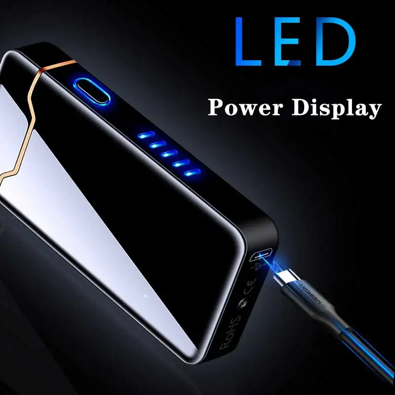 Metal Outdoor Windproof Electric Double Arc USB Lighter Touch Sensing LED Power Display Pulse Big Flame Lighter Men\'s Gift