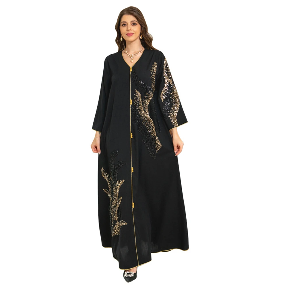Arab Dubai Muslim Women's Clothing Middle Eastern Long-sleeved Patchwork Sequined Loose Dress