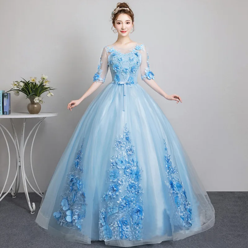 Vestidos de quinceañera con cuello redondo, vestido de baile de tul con apliques elegantes, Media manga, talla grande, azul, nuevo