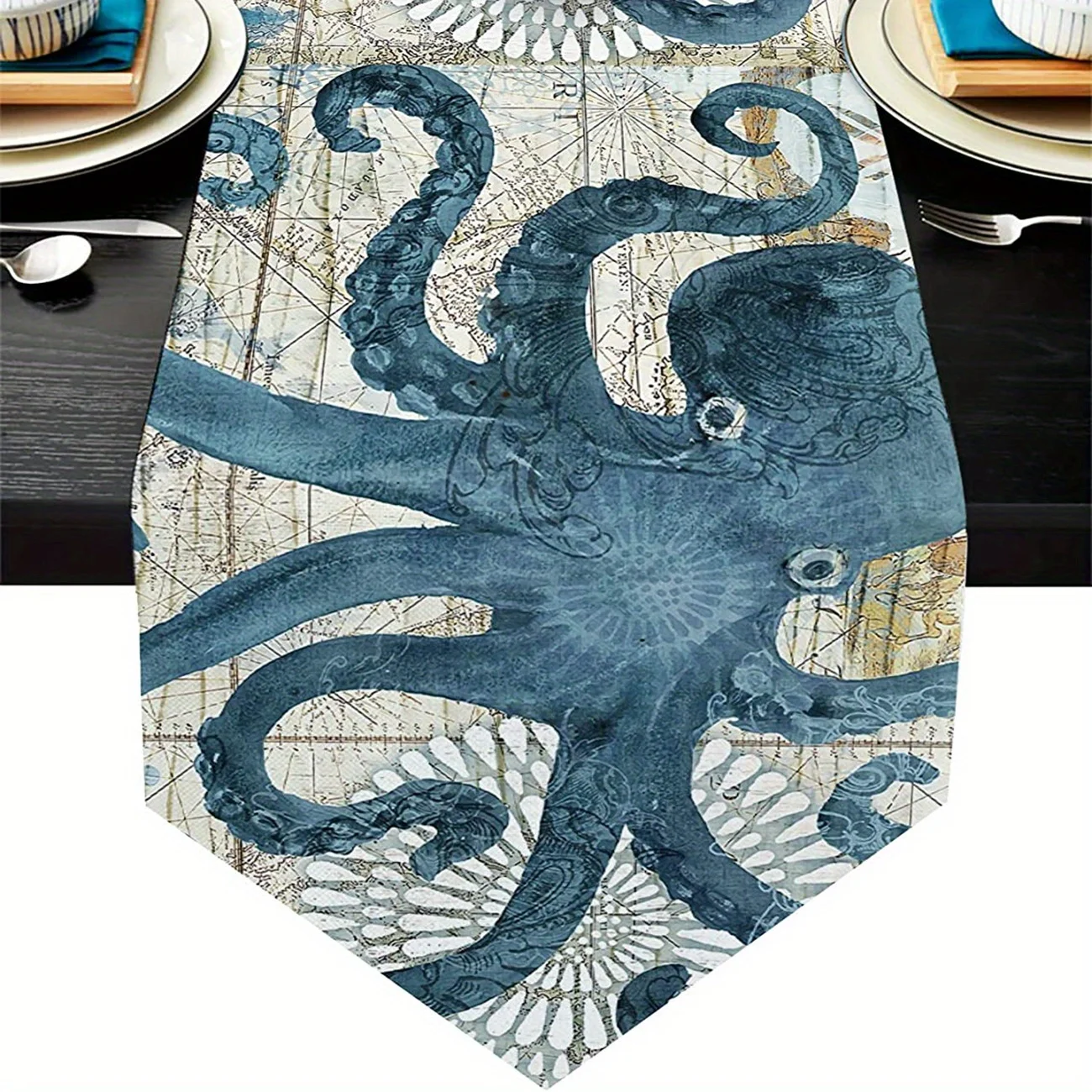 Ocean Style Octopus BeachLinen Linen Table Runners Summer Seashell Conch Tabletop Decor Kitchen Dining Table Wedding Party Decor