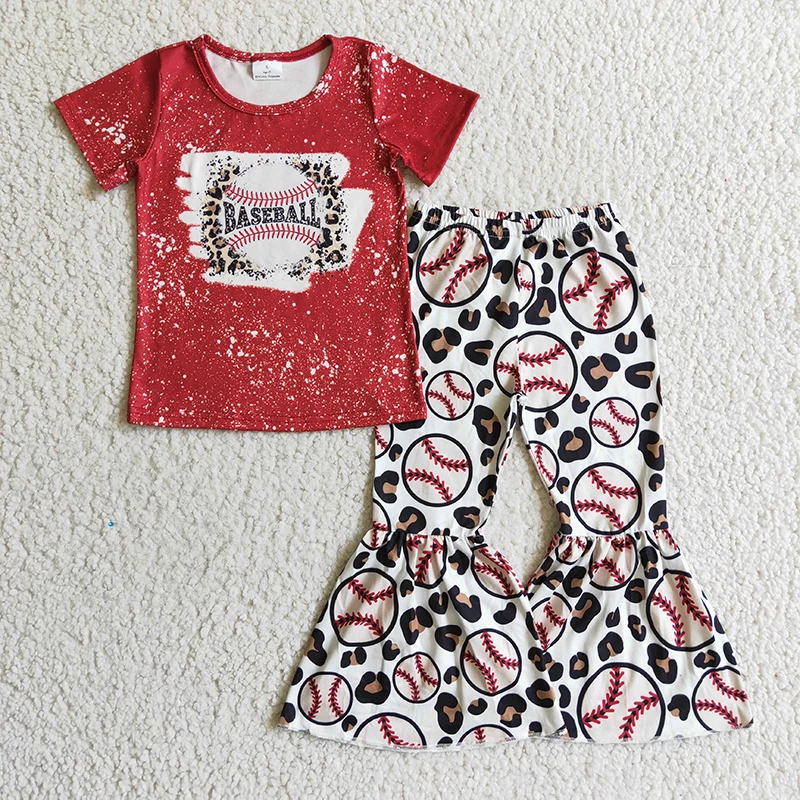 

Baby Girl Game Day Red Short Sleeve Shirt Baseball Leopard Bell Pants Outfit Wholesale Kid Fall New Set Toddler Ball New Clothes