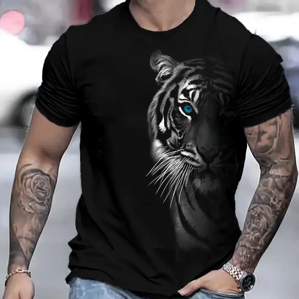 Men Black T‑Shirt Realistic Tiger Face Print Short Sleeve Crew Neck Casual Street Fashion Daily Wear Tees For Male