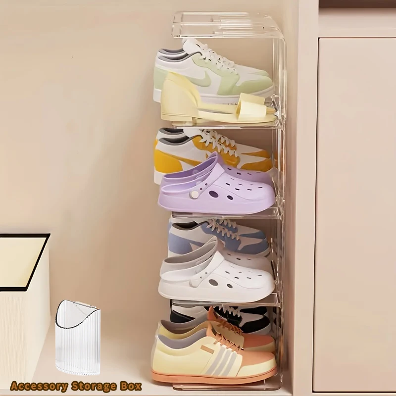 2PCS Clear Acrylic Shoe Rack Free Cat Stickers Pen Holder Space Saving Slipper Sneaker Closet Bedroom Entryway Storage Stand