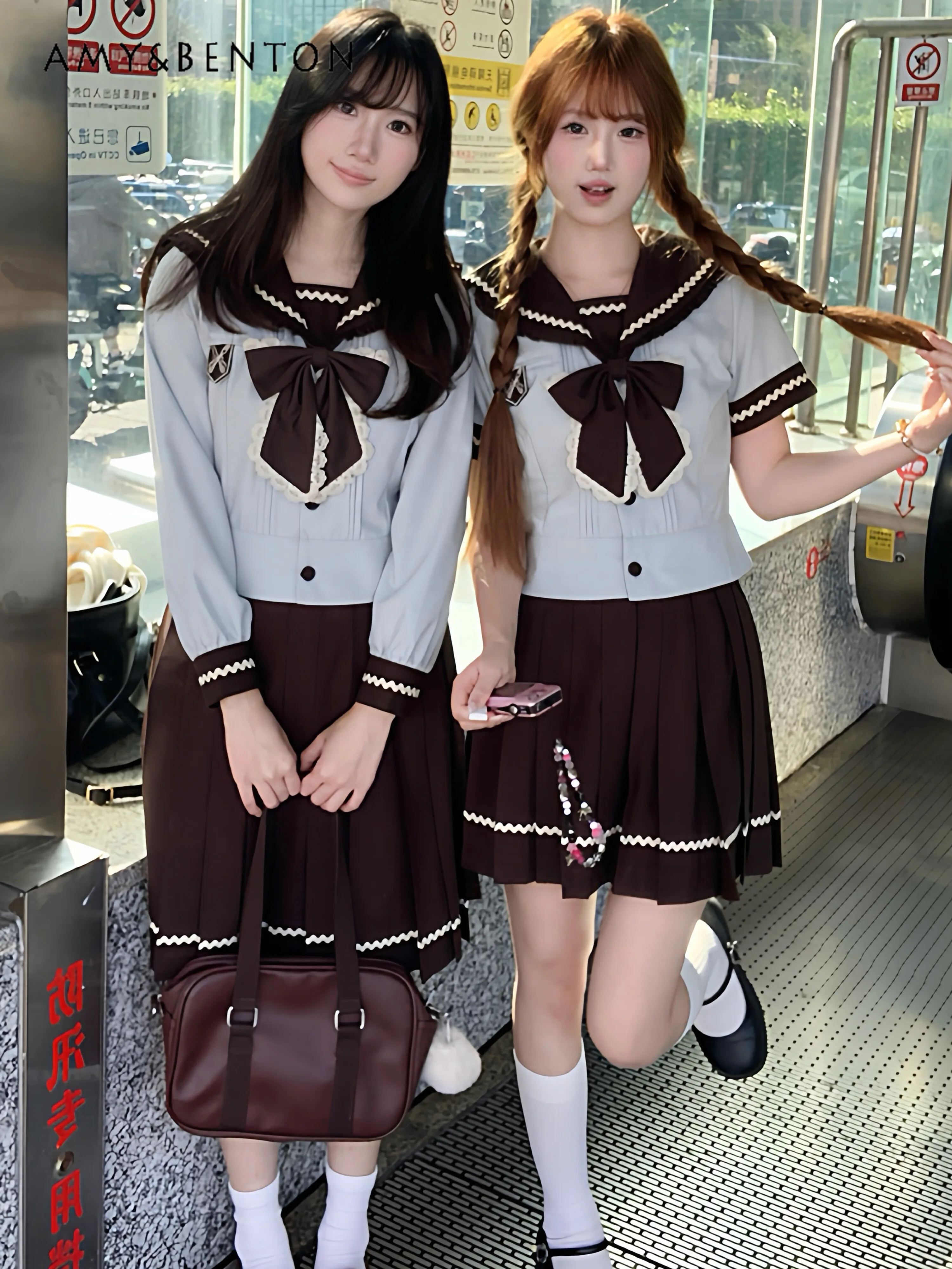 

2026 Spring Summer New Women's Japanese JK Style College Blue Short Top Brown Lace Tie Pleated Skirt Sailor Uniform Outfit