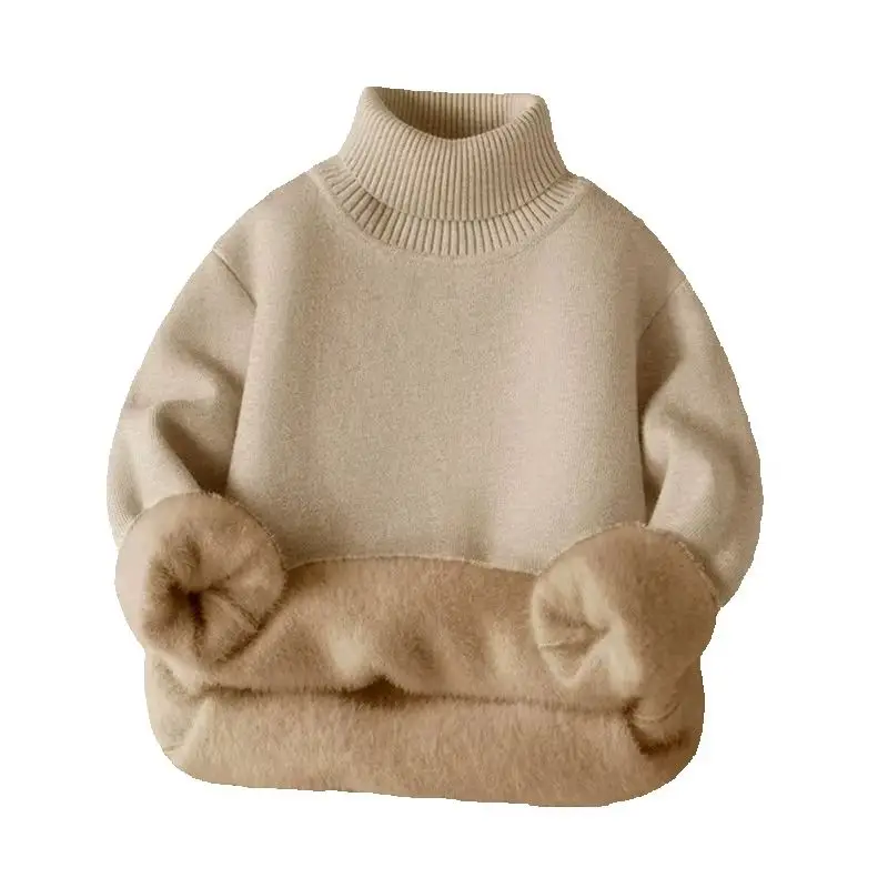 Autumn Winter Kids Turtleneck Sweater Boys Girls Plus Velvet Warm  Knitting Pullovers Children Padded Rollneck Knitted Sweater
