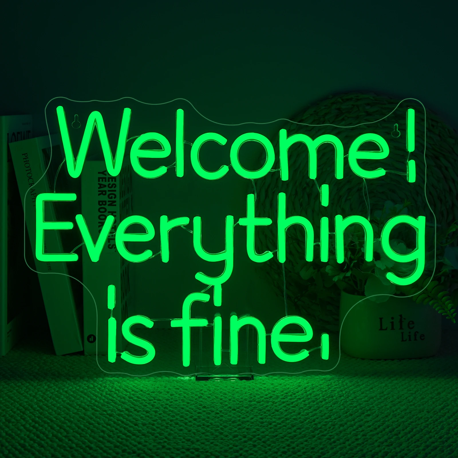 Welcome Everything Is Fine Neon Sign Green Led Light Signs Acrylic Wall Art Decor for Office Room Bedroom Bar Cafe Friend Gifts 