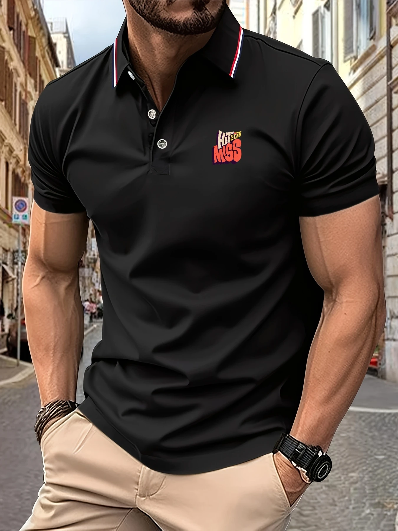 

2025 Men's Polo Shirt Short Sleeve Hit or Miss Graphic Striped Collar Trim Summer Casual Breathable Trendy Slim Polyester Tee