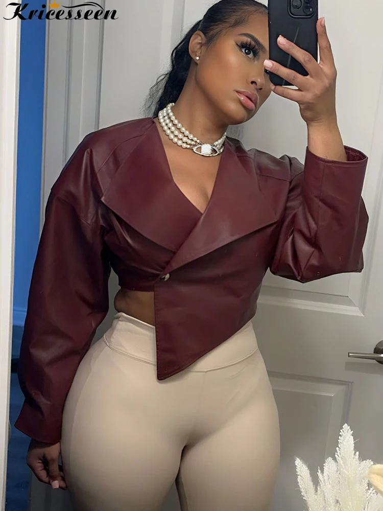 

Kricesseen Punk Style Single Button PU Leather Puffer Jacket Fashion Faux Leather Cropped Jacket Coats Business Outfits Outwear