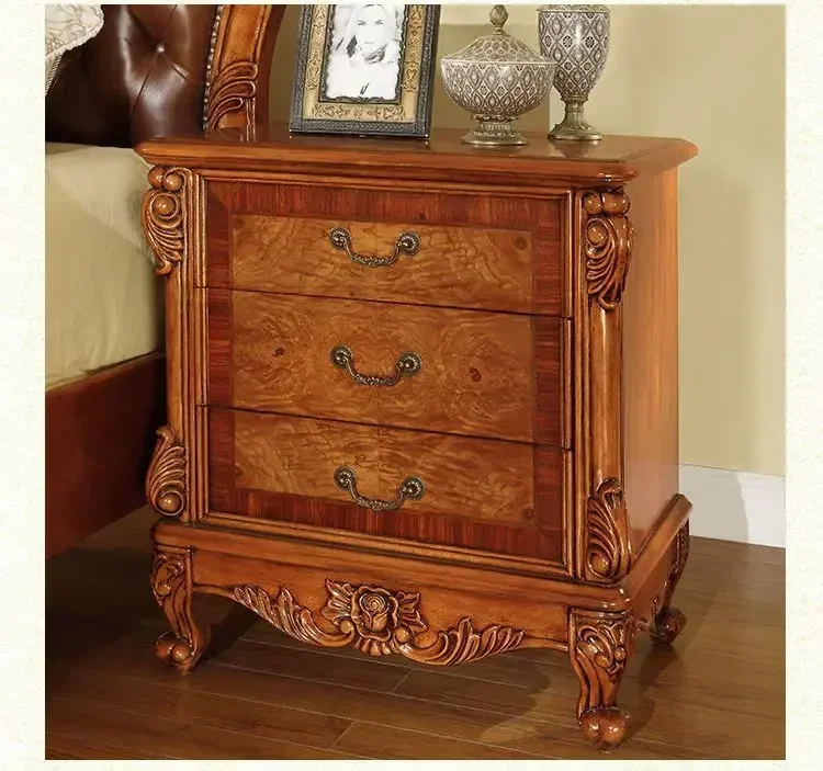 

European solid wood bedside table American retro carved storage locker