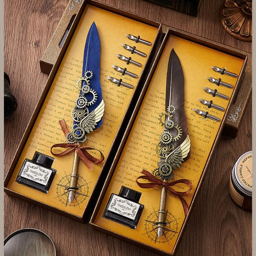 

Retro Punk Dipped in Water Pen Replaceable 5 Nib Vintage Luxury Metal Signature Pen Fountain Pen European Style Feather Pen